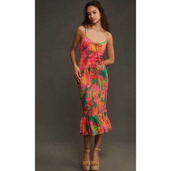 farm rio ruched tie front dress Farm Rio Anthropologie Midi Dress Ruched Tie Front Pink Floral Preppy Sz XL  NWT
